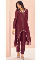 Organza Maroon Party Wear Hand Work Readymade Kurti With Pant